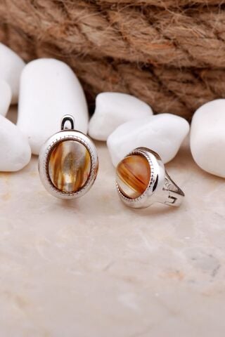 Akik Taşlı Rodyumlu Gümüş Küpe 5632