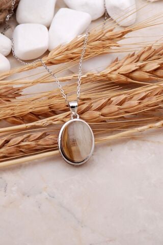 Akik Taşlı Rodyumlu Gümüş Kolye 7448