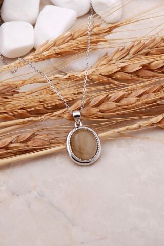 Akik Taşlı Rodyumlu Gümüş Kolye 7449