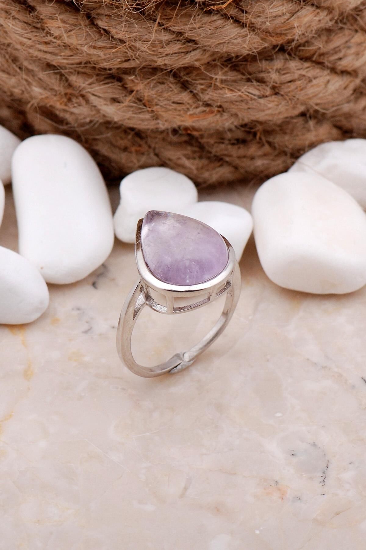 Ametist Taşlı Damla Rodyumlu Gümüş Yüzük 3304