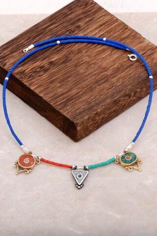 Doğal Taşlı Mozaik İşlemeli Gümüş Kolye 6526