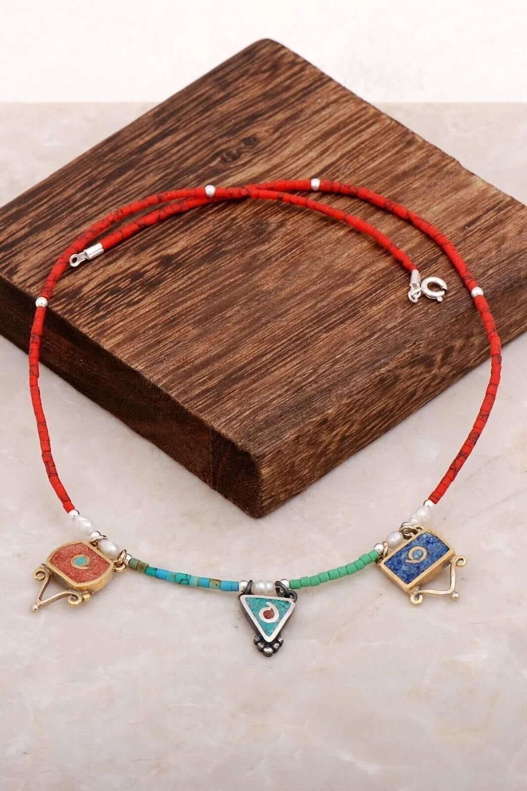 Doğal Taşlı Mozaik İşlemeli Gümüş Kolye 6527