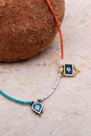 Doğal Taşlı Mozaik İşlemeli Gümüş Kolye 6528