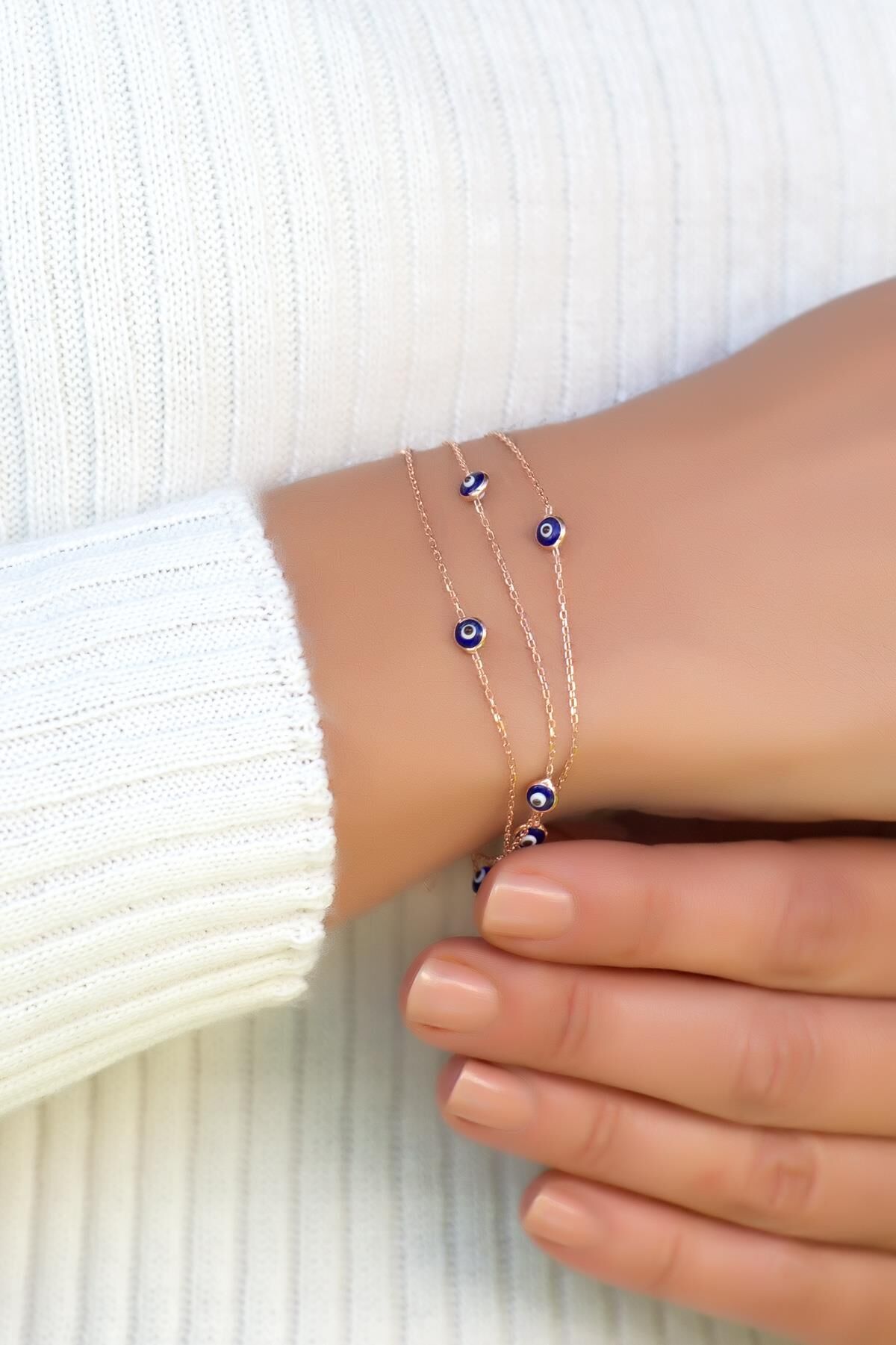 Rose Gümüş Göz Boncuklu Üç Sıralı Tasarım Bileklik 1998