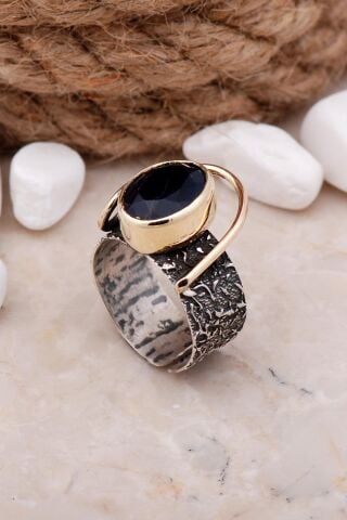 Safir Taşlı Çekiç Dövme Elişi Gümüş Yüzük 3323