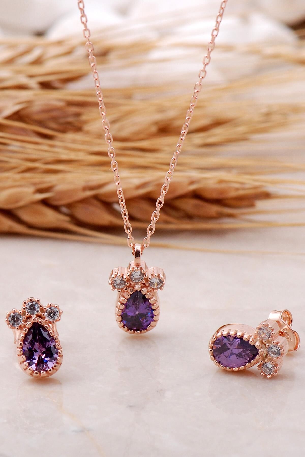 Ametist Taşlı Damla Rose Gümüş Set 2473