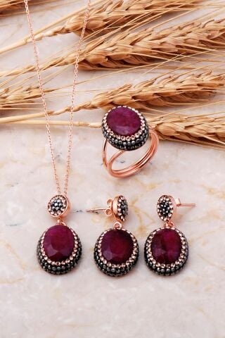 Kök Yakut Rose Gümüş Set 2537