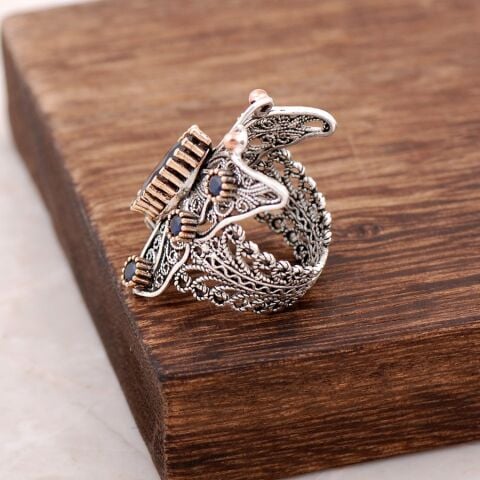 Safir Taşlı Telkari İşlemeli Kelebek Gümüş Yüzük 2498