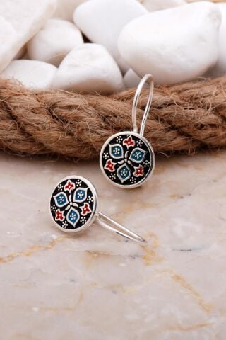 Anadolu Motifli Mineli Elişi Gümüş Küpe 5923