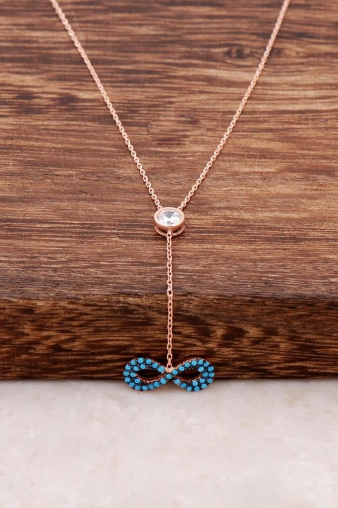 Turkuaz Taşlı Sonsuzluk Tasarımlı Rose Gümüş Kolye 1112