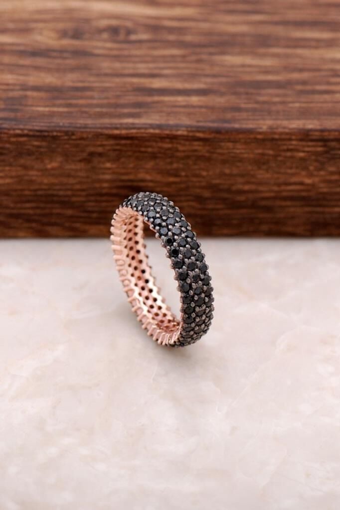 Tamtur Üç Sıra Siyah Taşlı Rose Gümüş Yüzük 1095