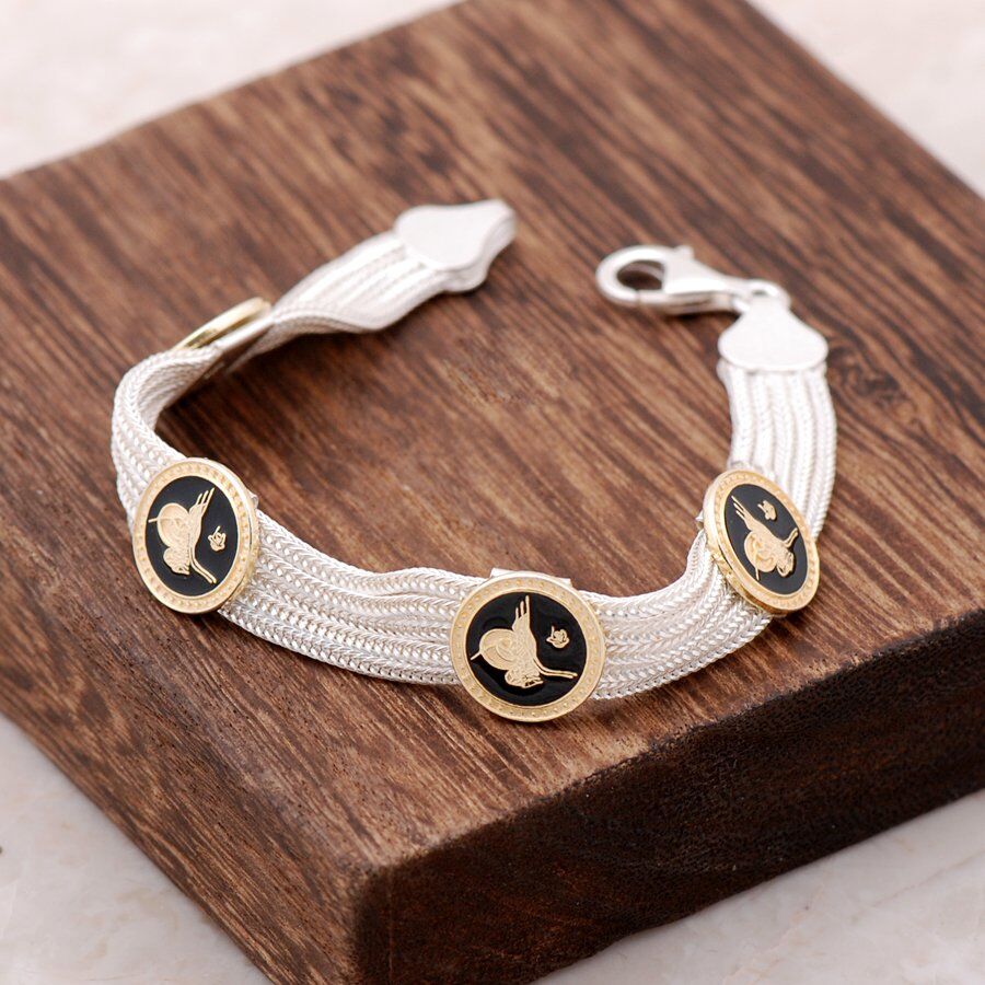 Osmanlı Tuğralı Altın Yaldızlı Gümüş Midyat Hasırı Bileklik 2363