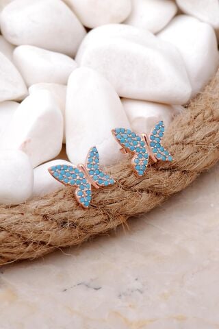 Turkuaz Taşlı Kelebek Rose Gümüş Küpe 5806