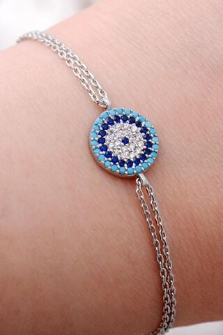 Nazar Boncuklu Rodyumlu Gümüş Bileklik 3984