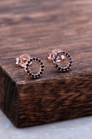 Halka Tamtur Siyah Taşlı Rose Gümüş Küpe