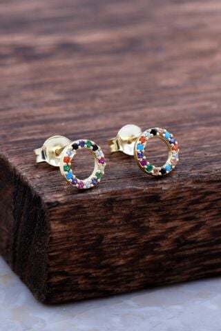 Halka Tamtur Renkli Taşlı Altın Kaplama Gümüş Küpe 6030