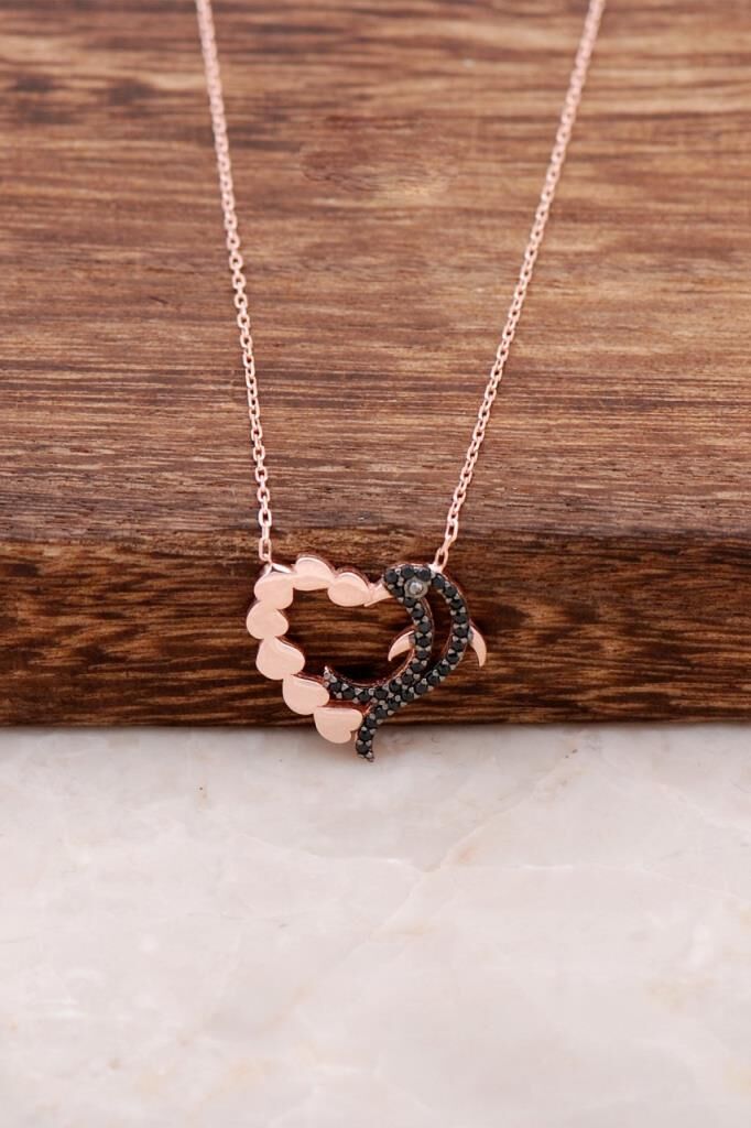 Yunus Balığı Tasarım Kalp Rose Gümüş Kolye 6187