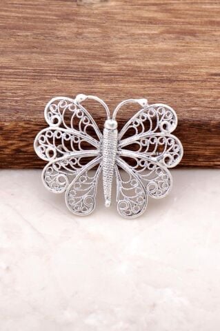 Telkari İşlemeli Elişi Tasarım Kelebek Gümüş Broş 291