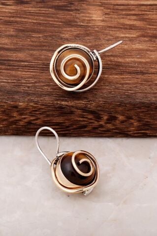 Kaplan Gözü Taşlı Tasarım Gümüş Küpe 4399