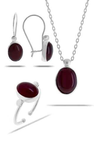 Akik Taşlı Rodyumlu Gümüş Set 2323