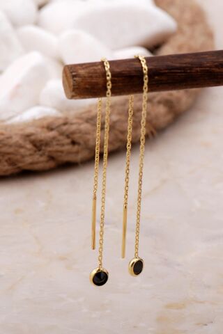 Oniks Taşlı Altın Yaldızlı Gümüş Zincir Küpe 5807