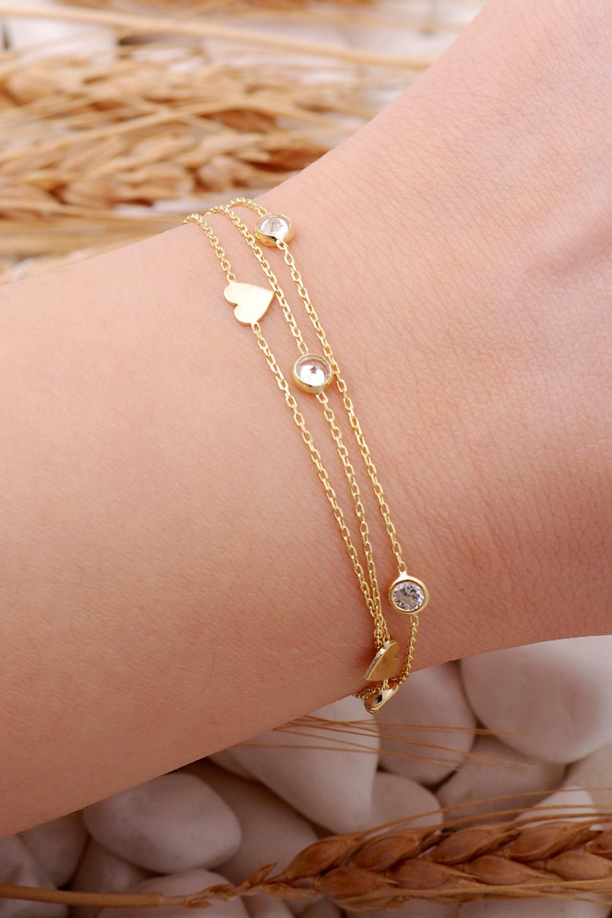 Kalpli Altın Yaldızlı Gümüş Taşlı Bileklik 3918