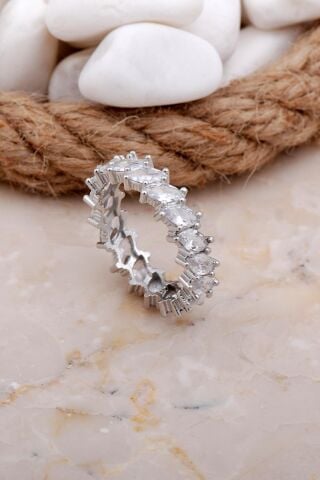 Mekik Kesim Taşlı Tamtur Rodyumlu Gümüş Yüzük 3524