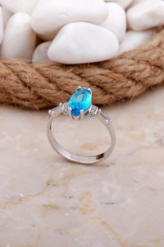 Akuamarin Taşlı Mekik Rodyumlu Gümüş Yüzük 3552