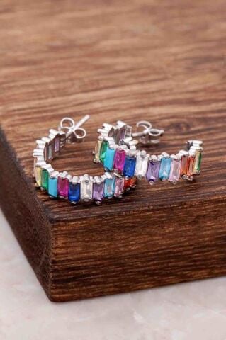 Baget Mix Taşlı Tasarım Gümüş Küpe 4077