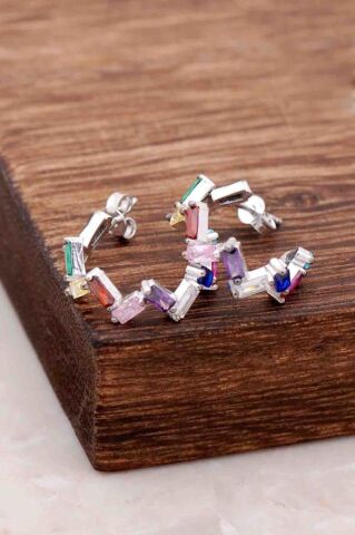 Baget Mix Taşlı Gümüş Halka Küpe 4081