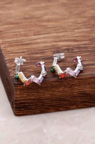 Baget Mix Taşlı Tasarım Halka Gümüş Küpe 4083