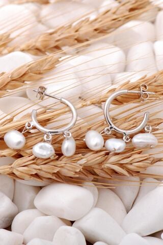 İnci Taşlı Rodyumlu Gümüş Halka Küpe 5704