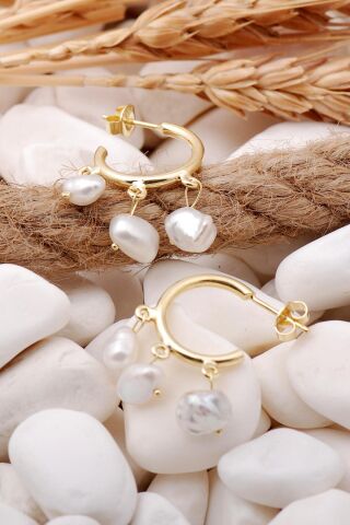 İnci Taşlı Altın Yaldızlı Gümüş Halka Küpe 5705