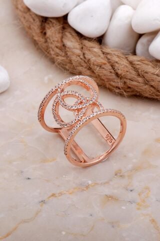 Tasarım Zirkon Taşlı Rose Uzun Gümüş Yüzük 3594