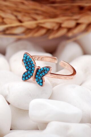 Turkuaz Taşlı Kelebek Rose Gümüş Yüzük 3216