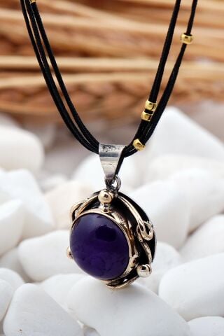 Ametist Taşlı Elişi Gümüş Kolye 7383