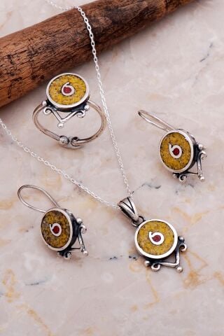 Antik Mozaik İşlemeli Sarı Kuvars Taşlı Gümüş Set 2632