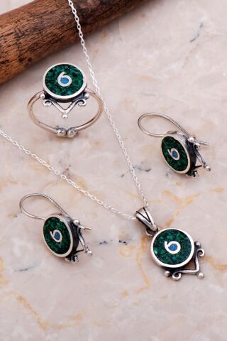 Antik Mozaik İşlemeli Malakit Taşlı Gümüş Set 2633