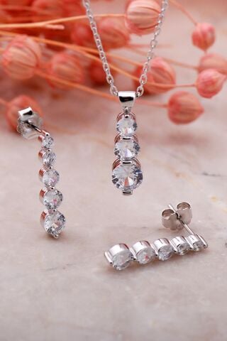 Su Yolu Pırlanta Montürlü Rodyumlu Gümüş Set 2340