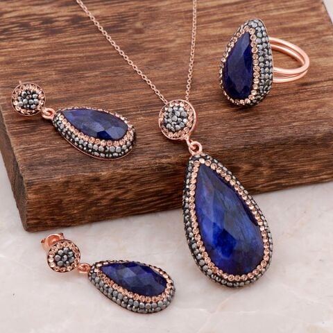 Safir Taşlı Tasarım Rose Gümüş Set 1898