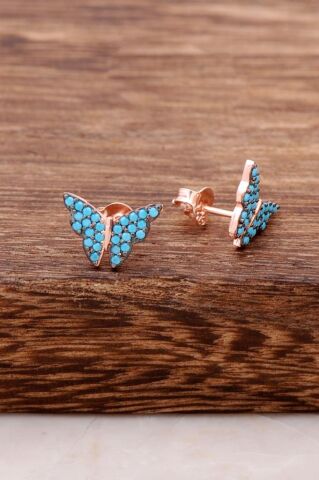 Kelebek Tasarımlı Turkuaz Taşlı Rose Gümüş Küpe 3788