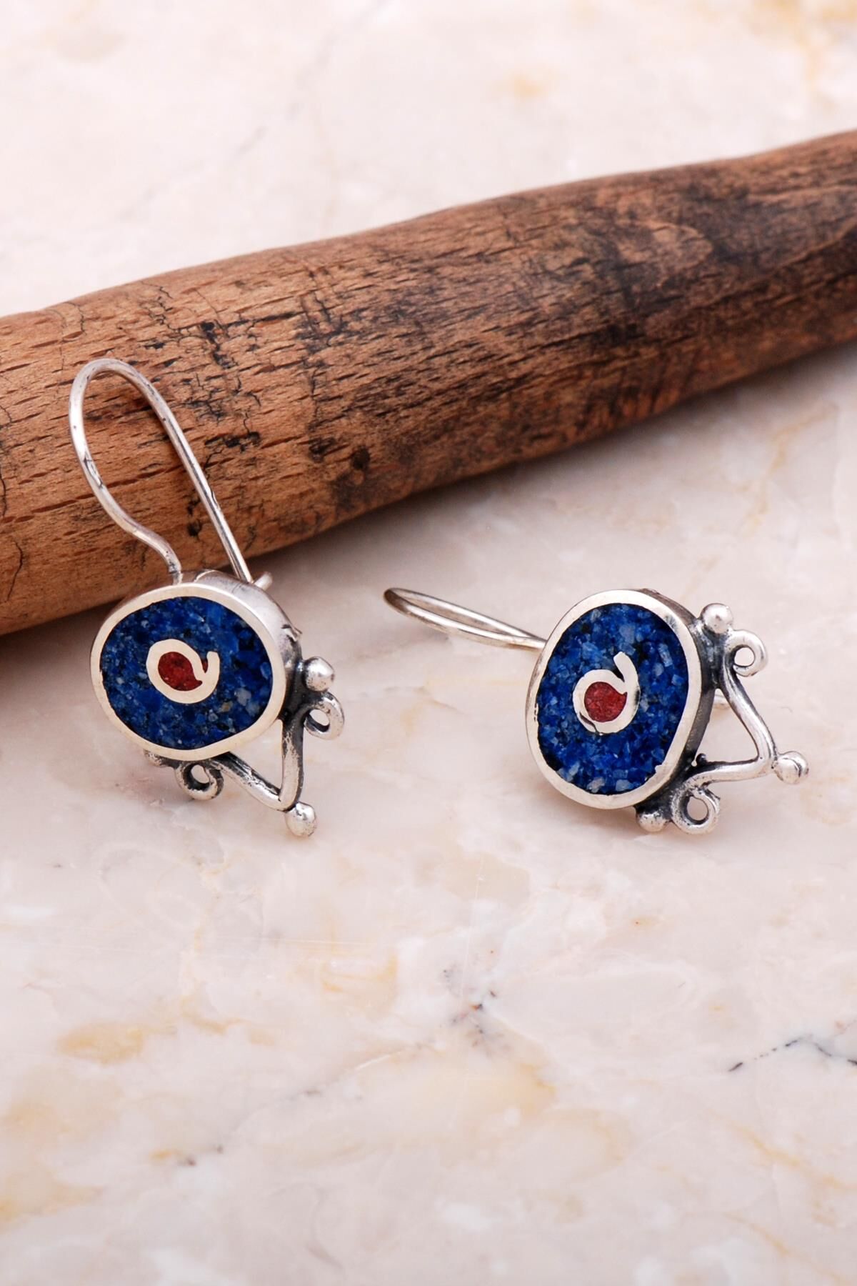 Antik Mozaik İşlemeli Lapis Lazuli Taşlı Gümüş Küpe 6078