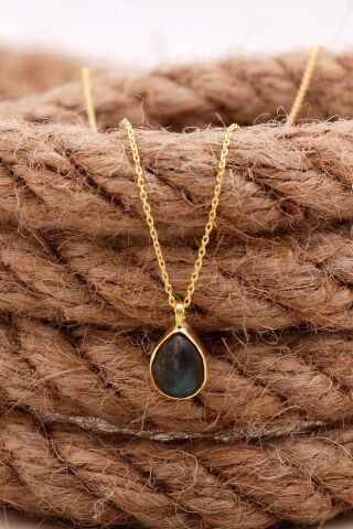 Doğal Labradorit Taşlı Damla Mini Altın Yaldızlı Gümüş Kolye 7735