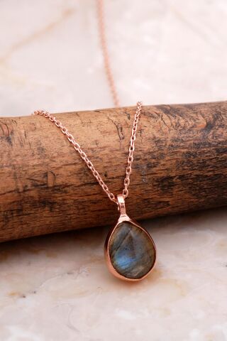 Doğal Labradorit Taşlı Damla Mini Rose Gümüş Kolye 7737