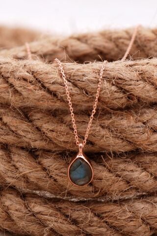 Doğal Labradorit Taşlı Damla Mini Rose Gümüş Kolye 7737