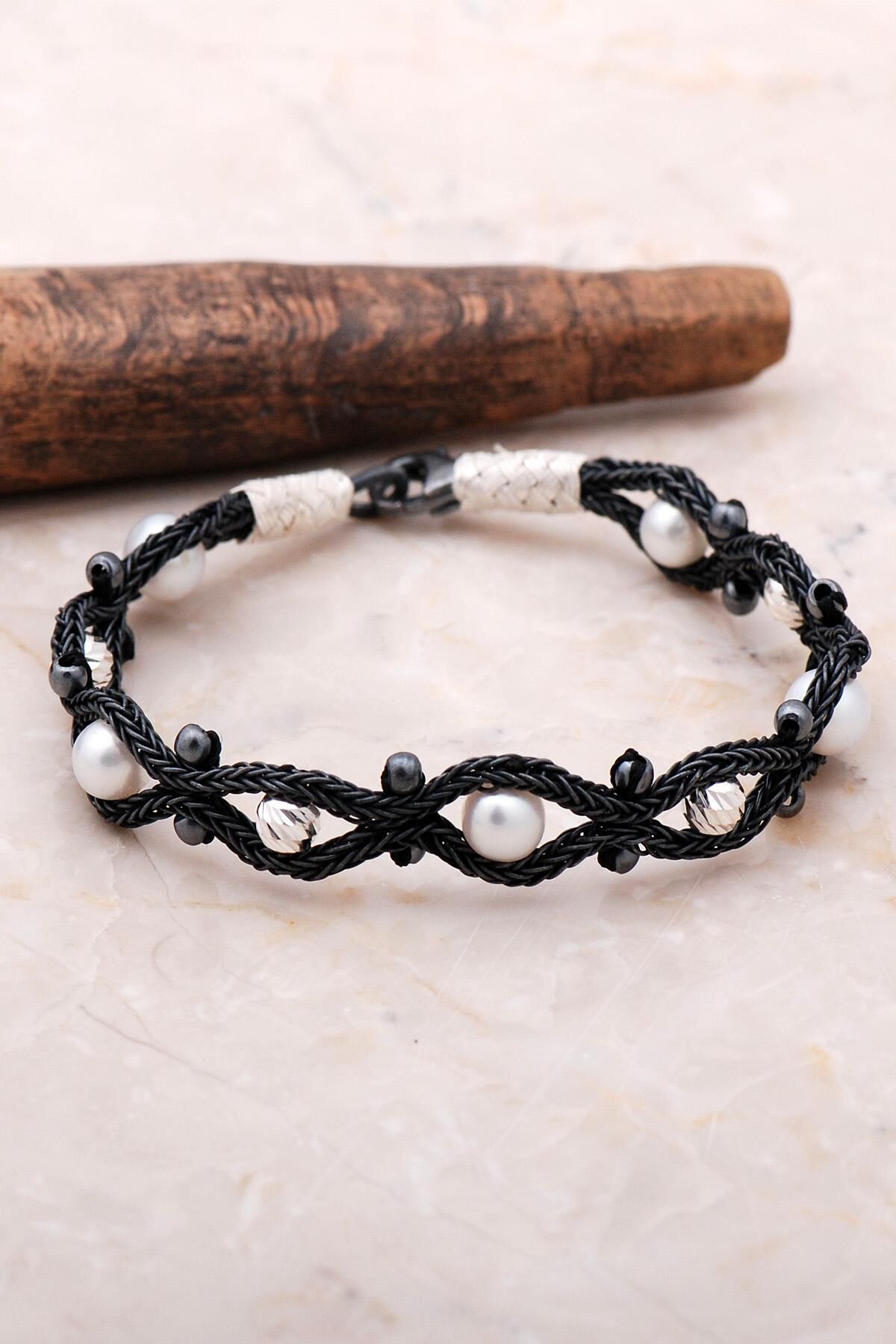 Kazaziye Dorissa İnci Taşlı Örgü Gümüş Bileklik 3467