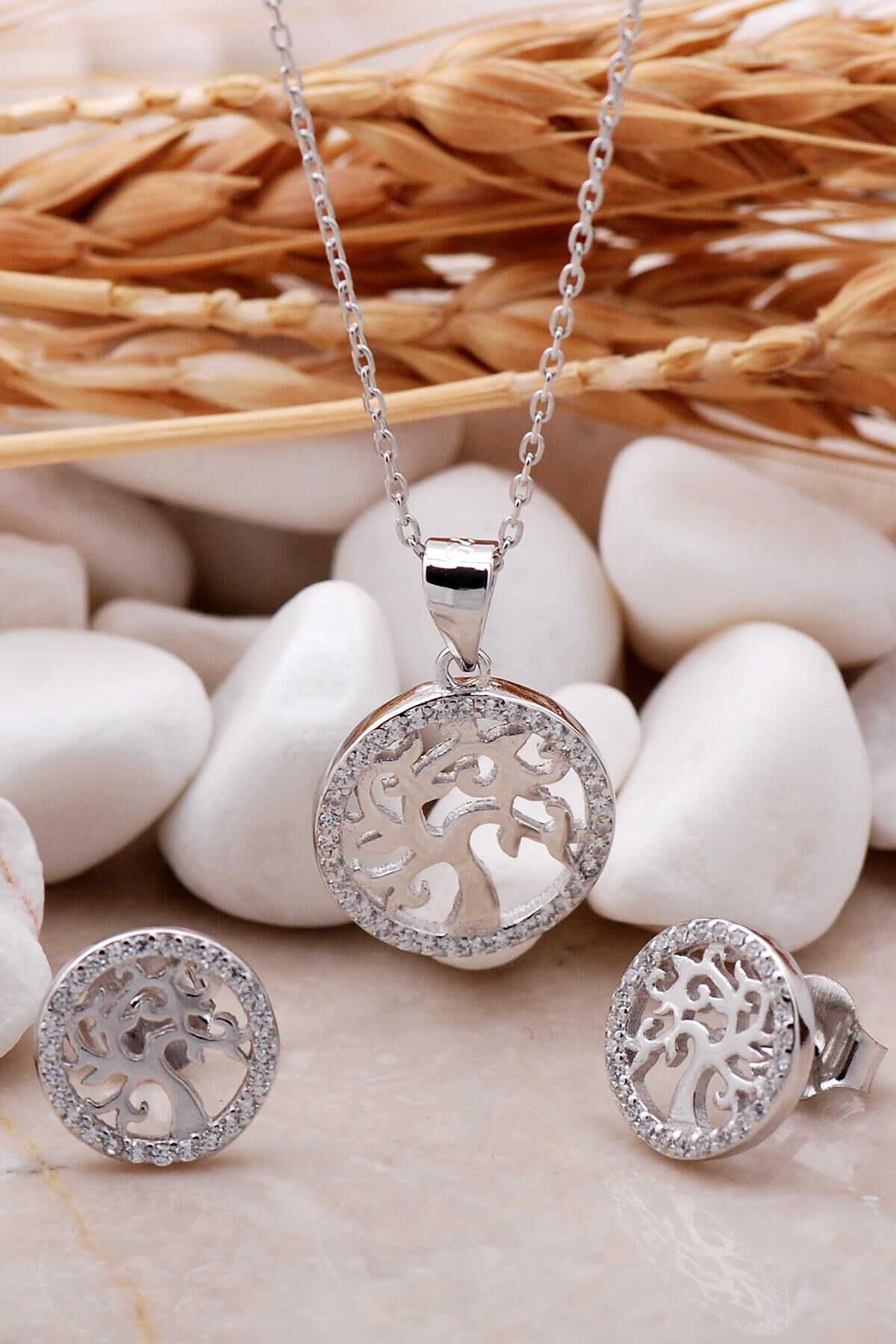 Hayat Ağacı Rodyumlu Mini İkili Gümüş Set 2367