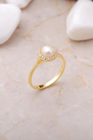 İnci Taşlı Altın Yaldızlı Gümüş Trend Yüzük 3481