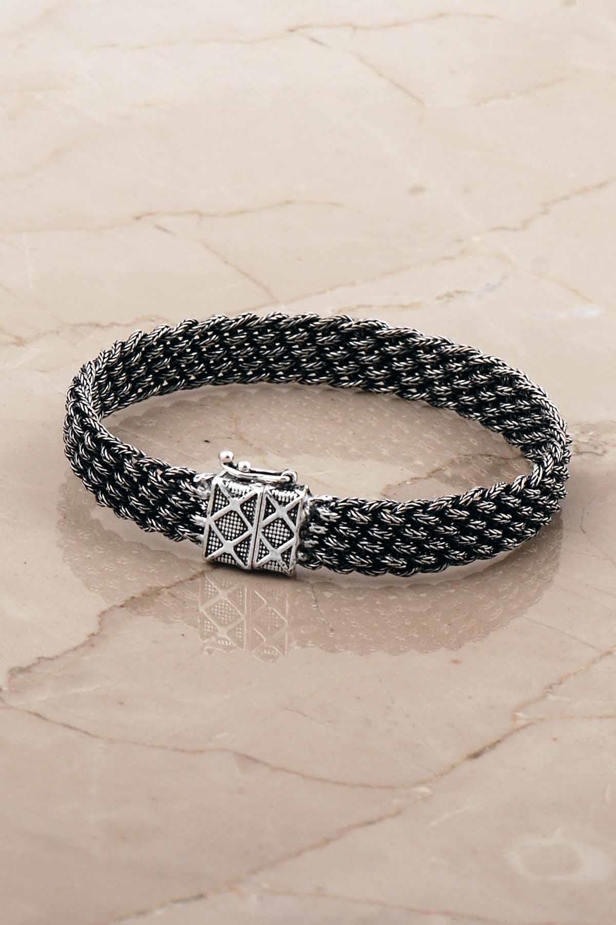 Hasır Örgü Elişi 20,5 Cm Gümüş Erkek Bileklik 4772