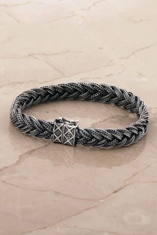 Hasır Örgü Elişi 21,5 Cm Gümüş Erkek Bileklik 4773